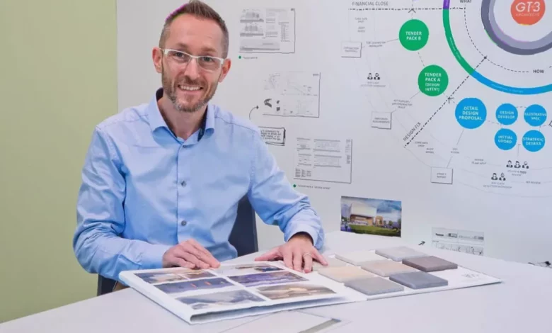 Neil Hardy speaking at his promotion to director at GT3 Architects.