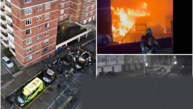 Burnt-out wreckage of emergency ambulances in a Golders Green car park.