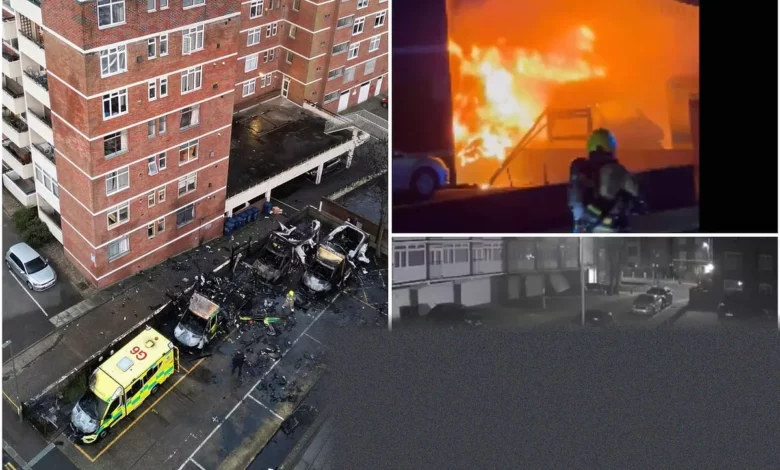 Burnt-out wreckage of emergency ambulances in a Golders Green car park.