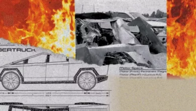 A Tesla Cybertruck engulfed in flames at the scene of a roadside crash.