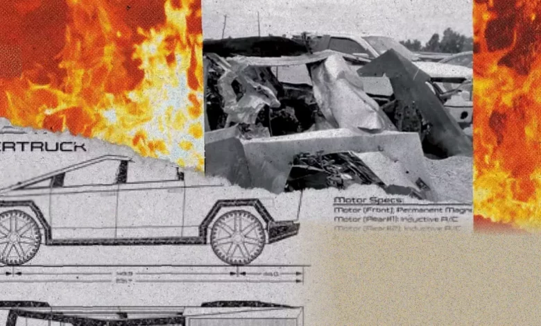 A Tesla Cybertruck engulfed in flames at the scene of a roadside crash.
