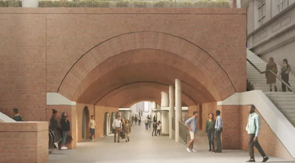 Architectural rendering of the redesigned public realm with new retail under brick arches.