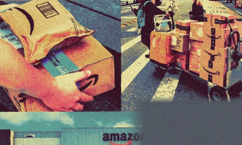 Inside an Amazon warehouse with workers sorting packages on a conveyor belt.