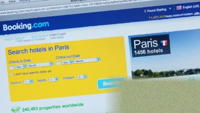 Laptop screen displaying a travel booking website with a security warning notification.