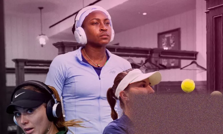 Tennis players in a brightly lit locker room preparing for matches