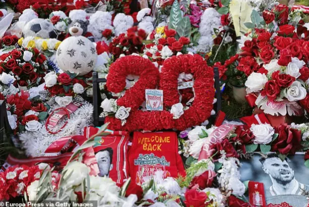 Floral tributes and football shirts left by fans outside Anfield stadium in Liverpool