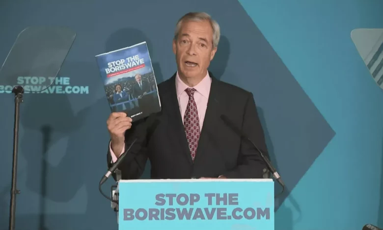 A political press conference podium with microphones in Westminster.