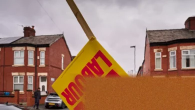 A campaign poster for local elections hanging on a lamppost on a residential street in England.
