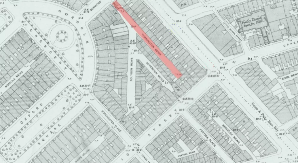 Historic map showing the Tyburnia area and the old Torrington Mews layout.
