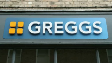 Empty shelves and closed self-service displays inside a refurbished Greggs bakery in Croydon.