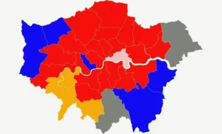 A map of London boroughs shaded by projected party control after the local elections