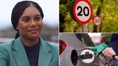 A UK residential street with a 20mph speed limit sign and a car passing by