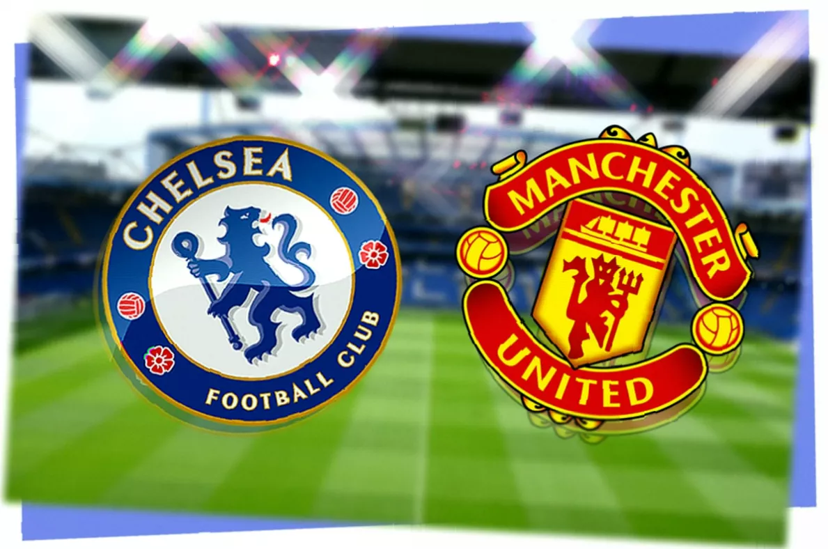 Chelsea and Manchester United players contesting the ball on the pitch.