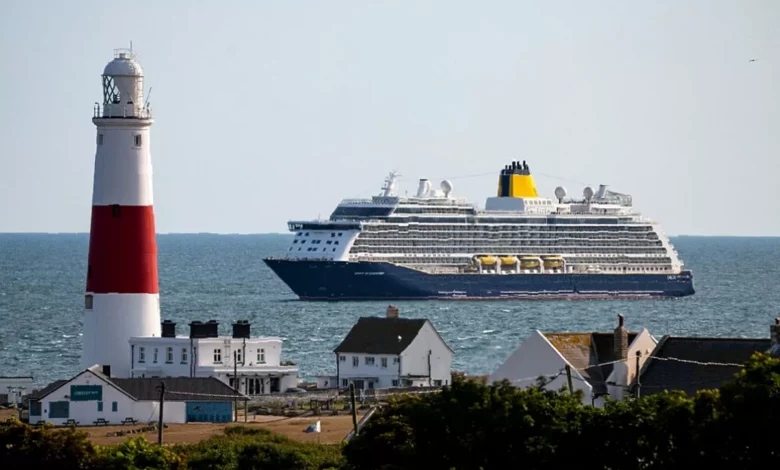 Older passengers boarding a Saga cruise ship at a sunny British port