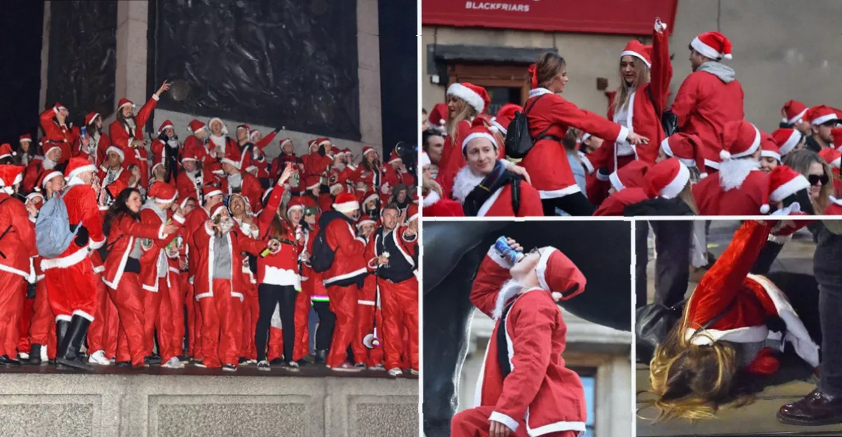 Crowds of costumed revellers at a SantaCon bar crawl event.