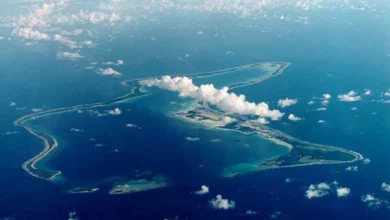 Aerial view of the Chagos Archipelago islands in the Indian Ocean.