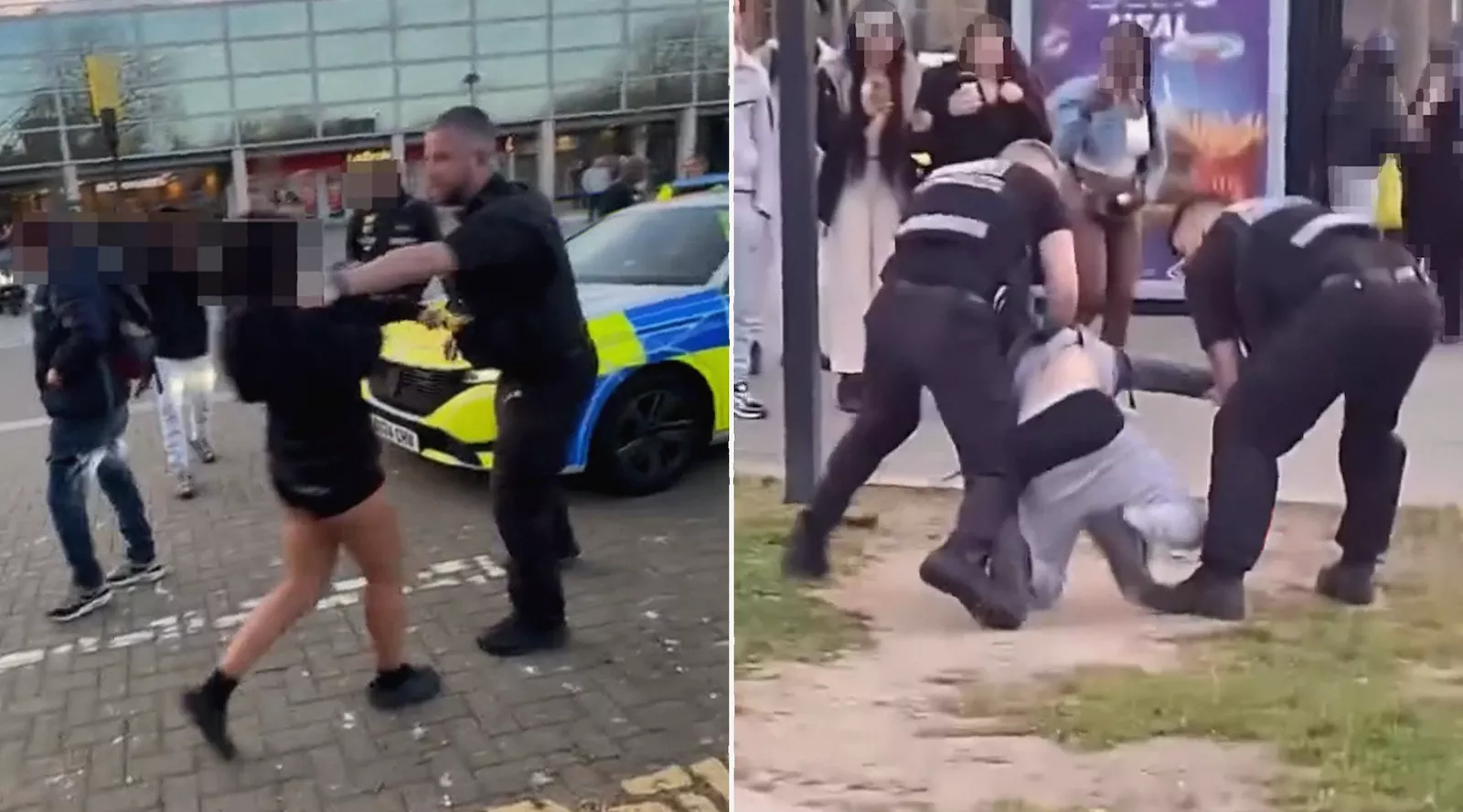 Police officers confronting a crowd of youths in a Milton Keynes shopping centre.