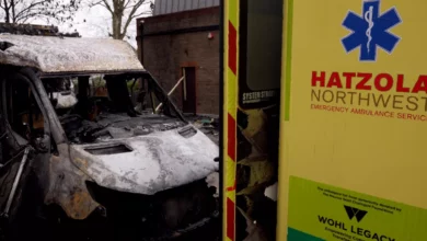 Fire-damaged Jewish community ambulances parked outside a synagogue in Golders Green.