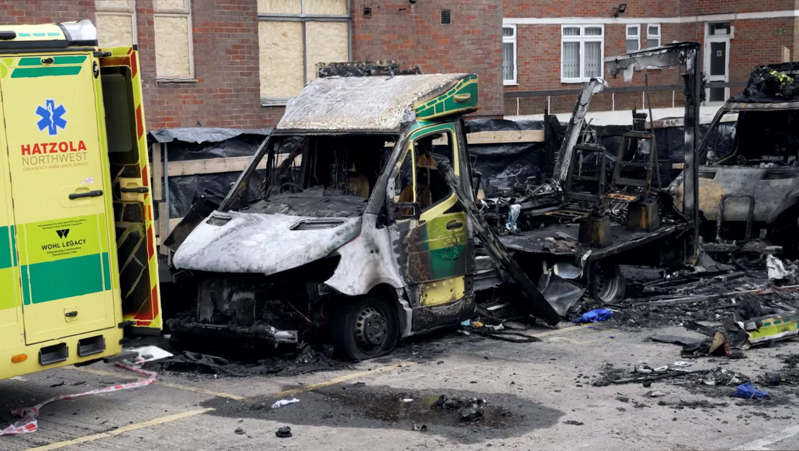 A burned-out ambulance in Golders Green following a targeted arson attack