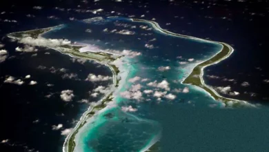 Aerial view of the Chagos Archipelago islands in the Indian Ocean.