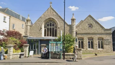 Police cordon and tape outside a church on Ashley Road in Epsom.