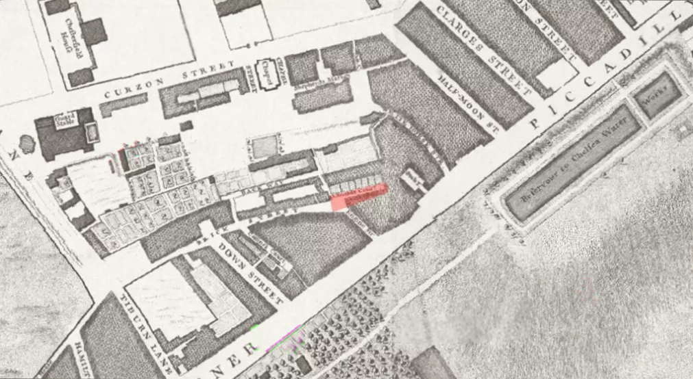 Historic map detail showing the evolution of a London mews from Sneads Court to Yarmouth Place.