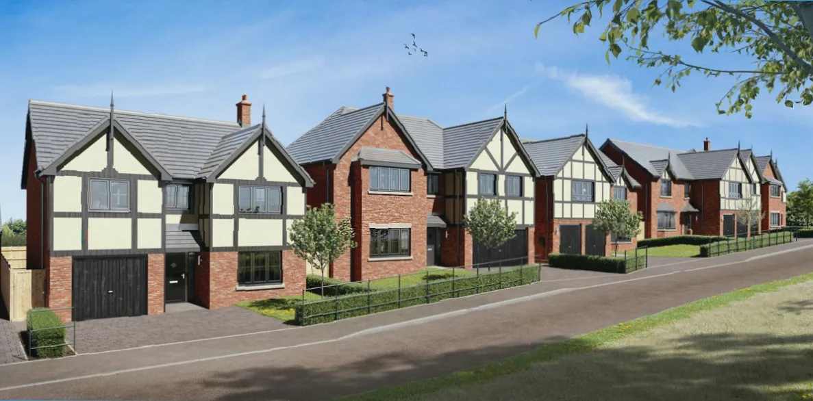 Architectural mock-up showing Tudor-style elevations along a tree-lined street in the conservation area