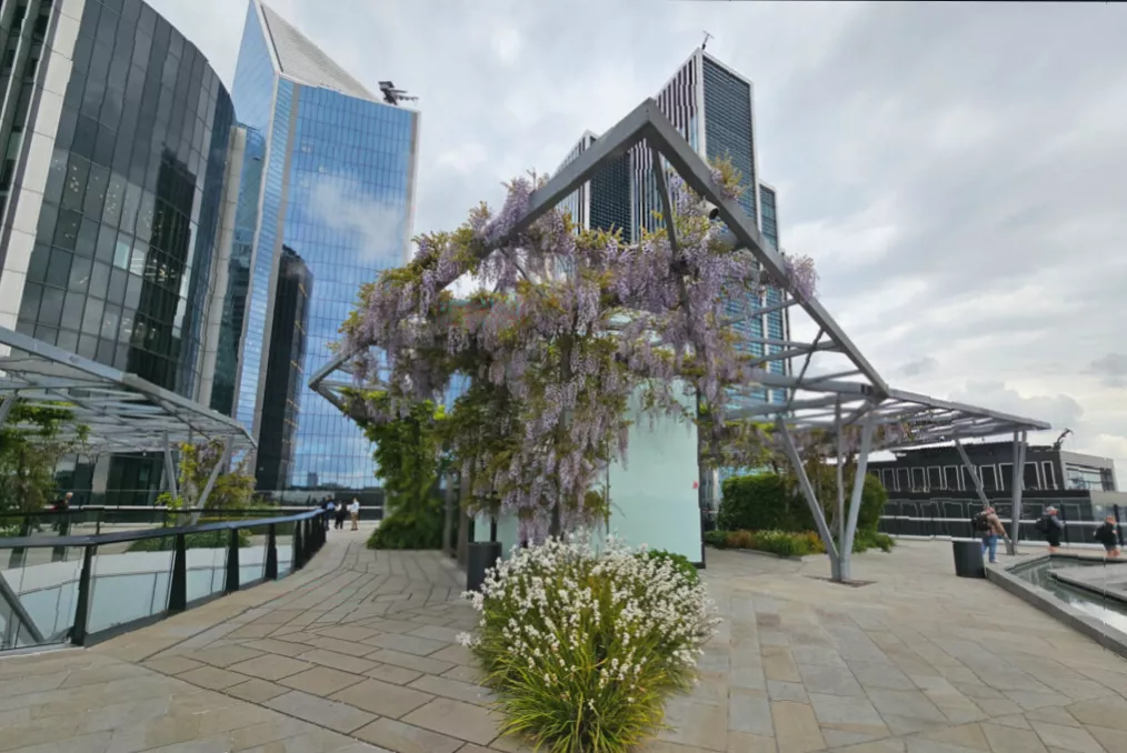 A long water feature runs through a lush urban oasis filled with flowers and hedges