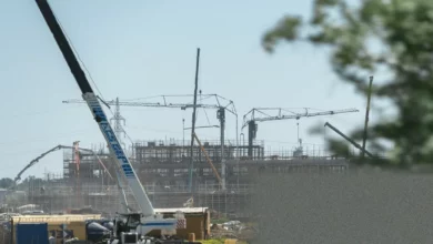 Construction workers at a large EV plant site in Szeged, Hungary
