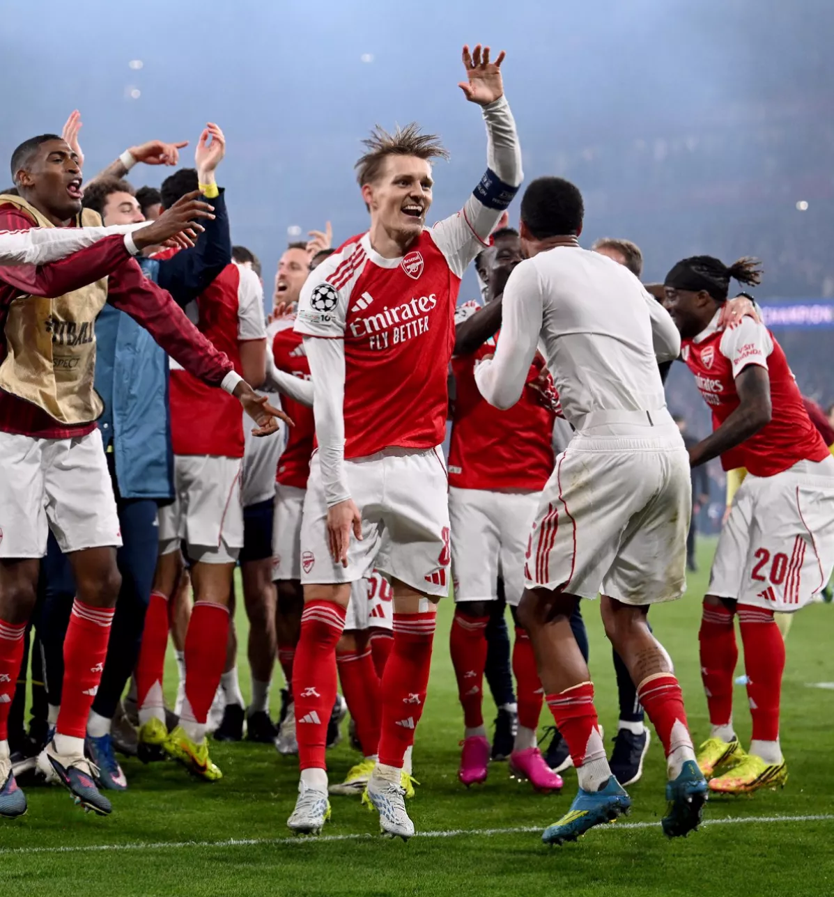 Bukayo Saka scores the decisive goal from a rebound during the semi-final second leg against Atletico Madrid