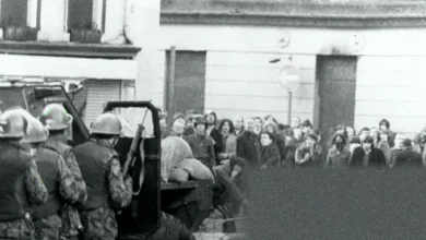 Social media video split-screen showing protest footage and text criticising Troubles bill