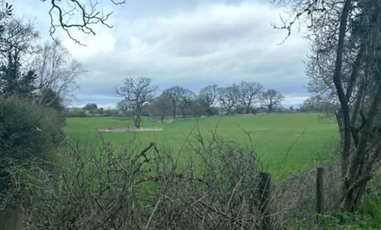 Aerial view of pastoral farmland on the green belt near Alderley Edge