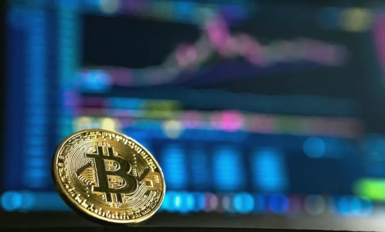 A digital display showing Bitcoin and Ethereum blockchain transaction nodes with legal notice symbols overlaid