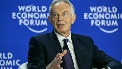 Former prime minister Tony Blair delivering a speech at a public policy event