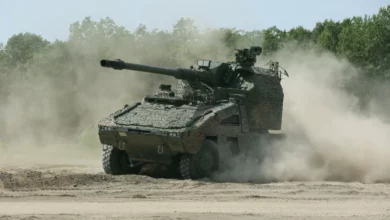 A remote-controlled RCH-155 howitzer mounted on a Boxer armoured vehicle chassis