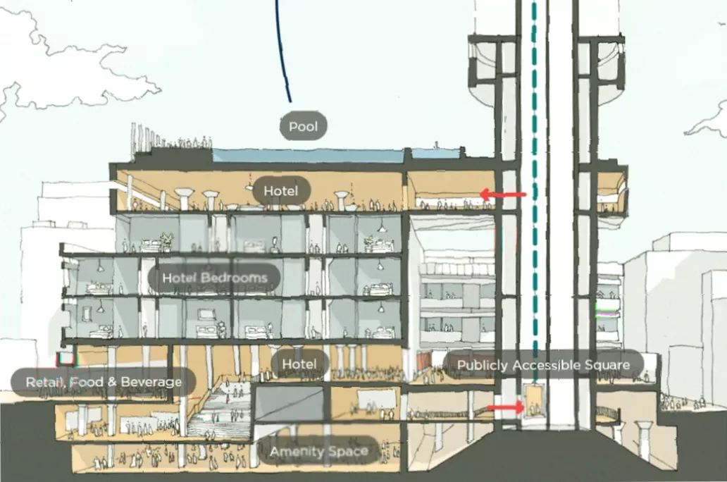 Architectural rendering of the proposed open-air swimming pool atop the tower
