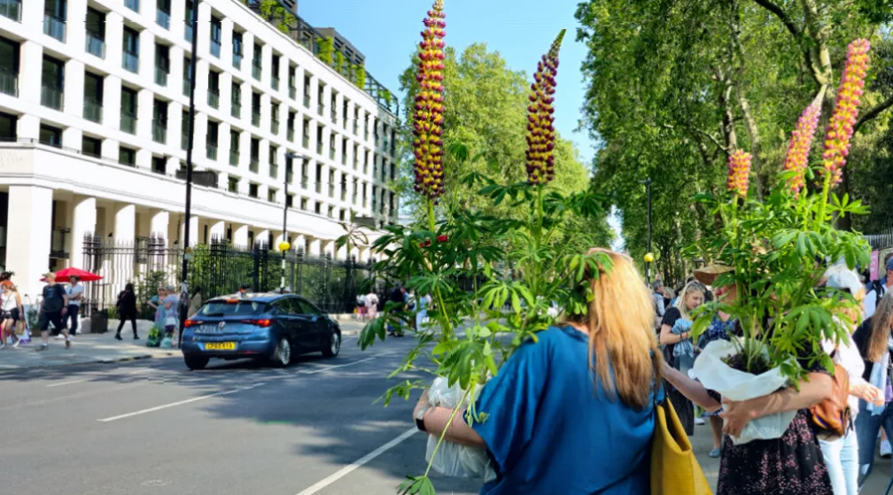 Shoppers carrying large bundles of plants outside the Royal Hospital Chelsea