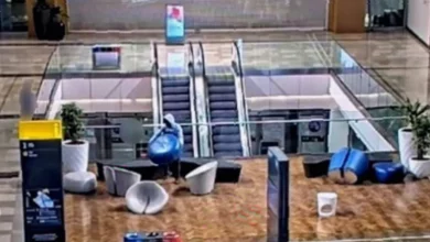 CCTV footage of a sofa falling from a second-floor balcony at Westfield Stratford shopping centre