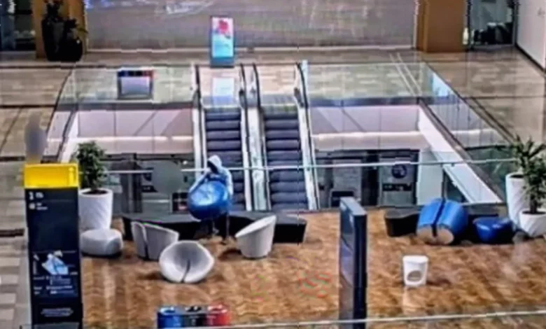CCTV footage of a sofa falling from a second-floor balcony at Westfield Stratford shopping centre