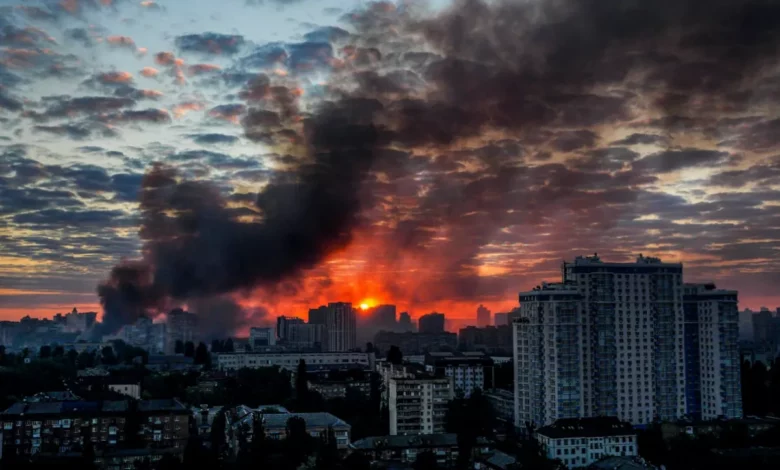 Missile strikes hitting a target in a Ukrainian landscape