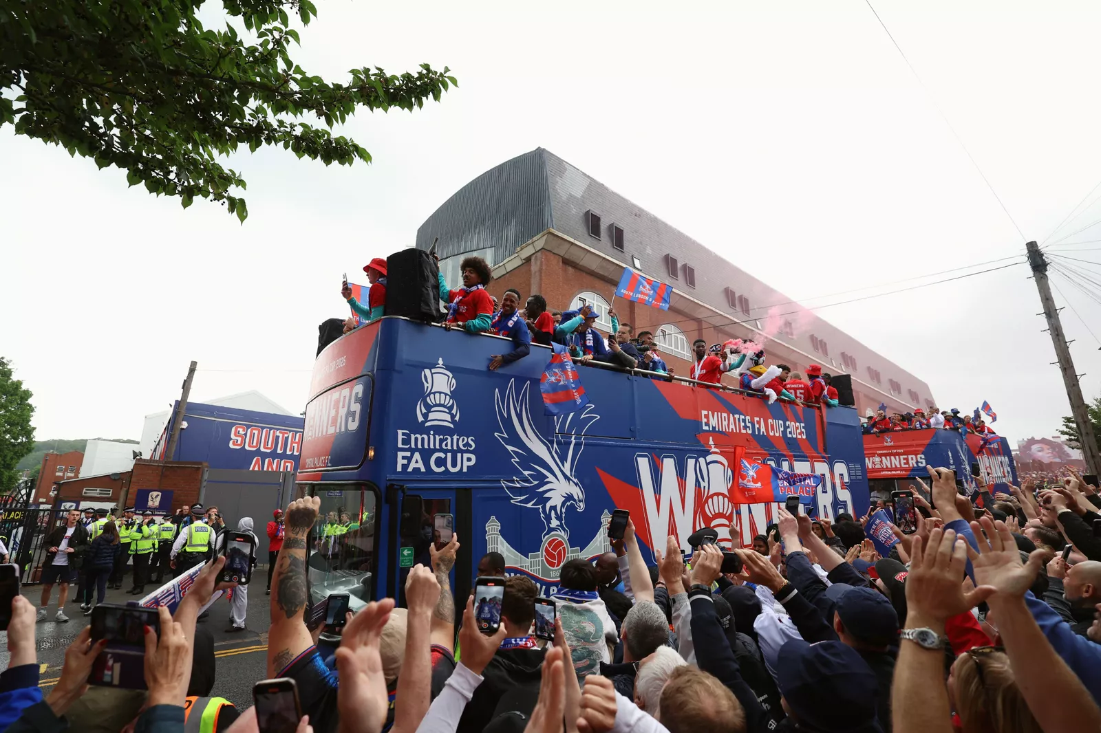 Selhurst Park stadium stage prepared for a European trophy presentation