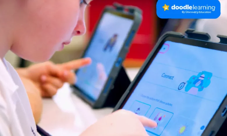 Child using a maths app on a tablet in a bright classroom