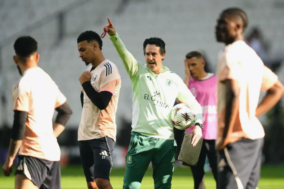 Aston Villa players training on a grass pitch the day before the final in Turkey