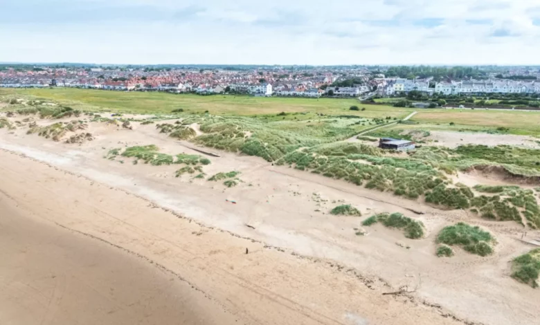 Aerial view of a seaside town with residential properties near the coastline