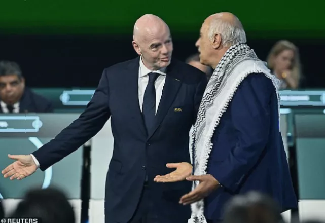 Palestinian football president Jibril Rajoub gesturing and shouting during a tense exchange on the Congress platform