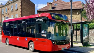 A new electric bus operates on London's Route 322 through south London streets