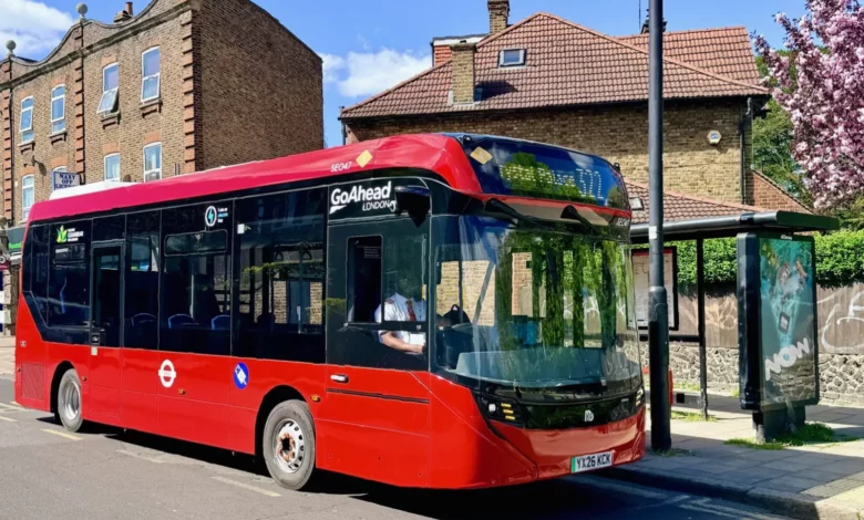 A new electric bus operates on London's Route 322 through south London streets