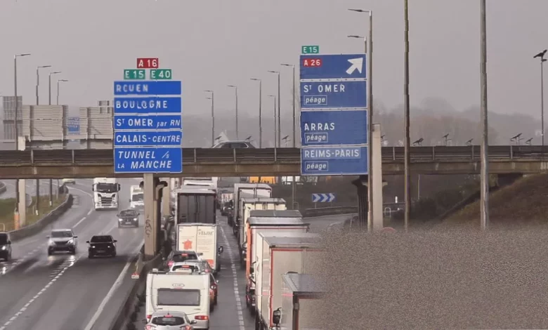 Lorry transporting food waits at a UK port for customs checks