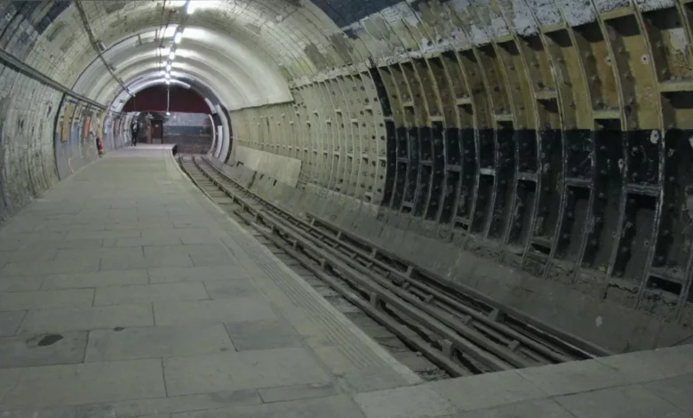 Disused Aldwych tube station platform with original Edwardian tiling