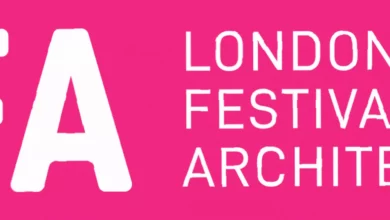 Crowds gathering outside a London building for a free architecture festival walking tour